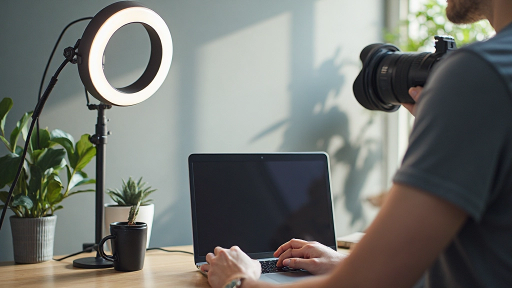 Профессиональный рабочий стол с видеокамерой, микрофоном и осветительным оборудованием для создания контента