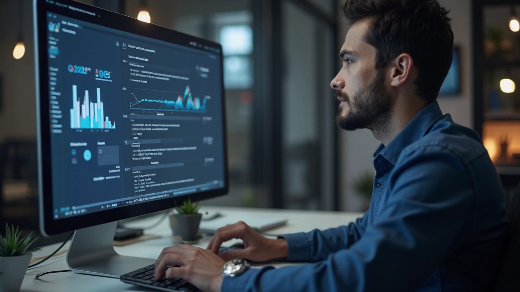 Профессиональный рабочий стол с поиском ключевых слов SEO на экране компьютера