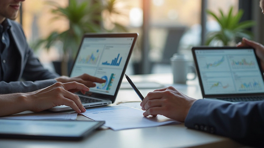 Профессиональный снимок сотрудников маркетингового отдела, анализирующих данные социальных сетей на ноутбуках и планшетах