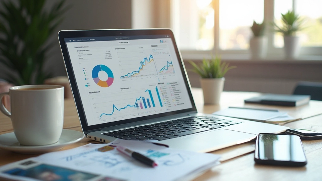 Professional digital marketing workspace with computer, analytics dashboard, and marketing materials