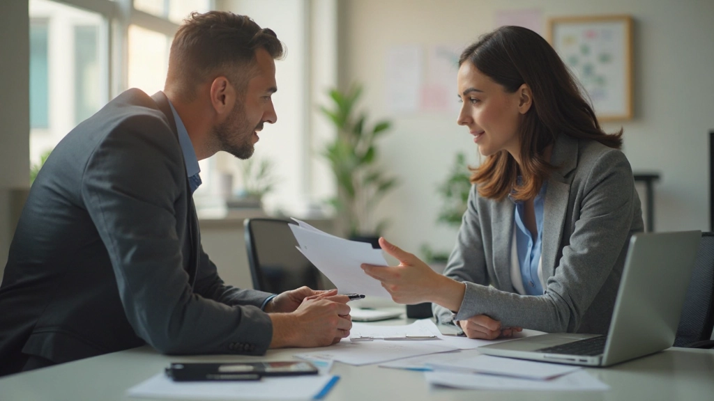 Профессиональный коучинг и обучение один на один в офисе с документами и ноутбуком